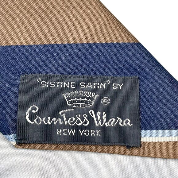 VINTAGE WOOLF BROTHERS COUNTESS MARA TIE Navy Blue and Dark Brown, PREOWNED - Picture 4 of 6